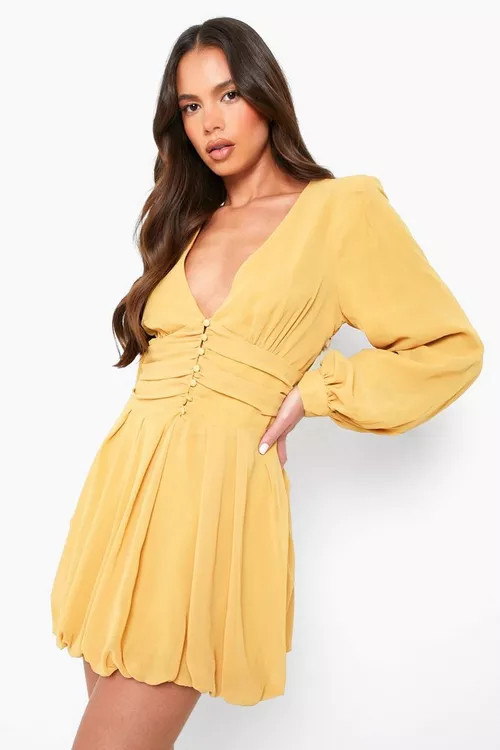 Chiffon Plunge Button Detail Skater Dress | Boohoo.com (US & CA)