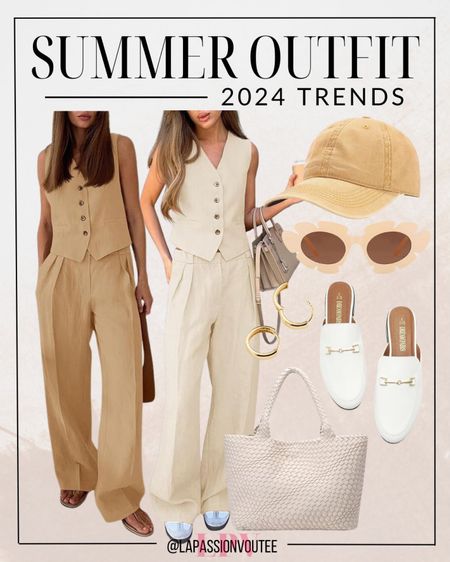 Elevate your summer wardrobe with the latest 2024 trends! Rock a stylish vest blazer top and wide-leg pants set, paired with chic cat-eye flower sunglasses for a touch of glamour. Complete the look with hoop earrings, a baseball cap, a woven tote bag, and trendy mule slip-on loafers. 🌸🕶️👜

#LTKfindsunder100 #LTKSeasonal #LTKstyletip