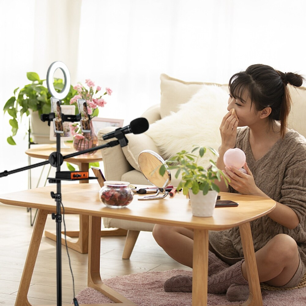 Selfie Ring Light with Double Cell Phone Holder and Mic Stand (Black) | Bed Bath & Beyond