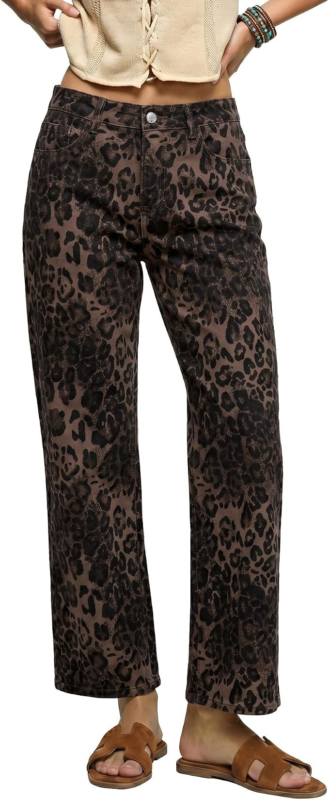 luvamia Wide Leg Jeans for Women Leopard Cheetah Print Ankle Denim Pants | Amazon (US)