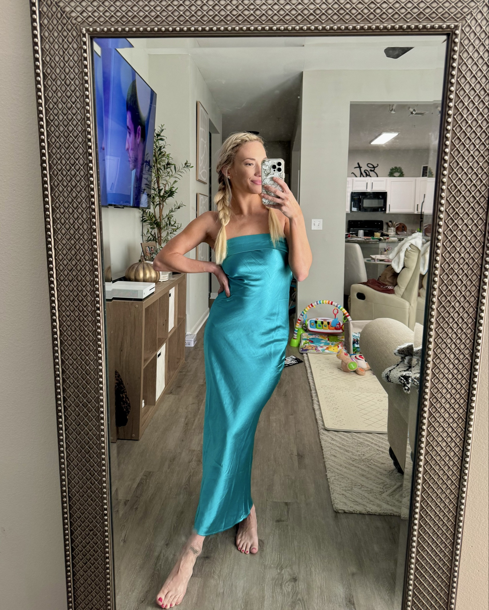 Wedding guest dress from Amazon / satin slip dress. Wearing normal size S. Fits TTS. Comes in severallll colors. 
Color: Aqua 

#LTKParties #LTKWedding #LTKFindsUnder50