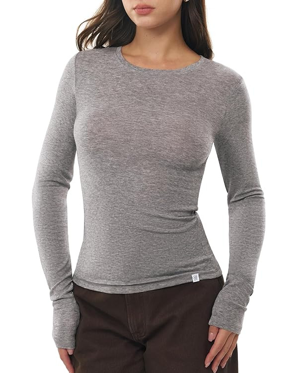 Women's Long Sleeve Shirts Merino Wool Blend Crew Neck Tops Fitted Basic Tee Cozy Embrace Collect... | Amazon (US)