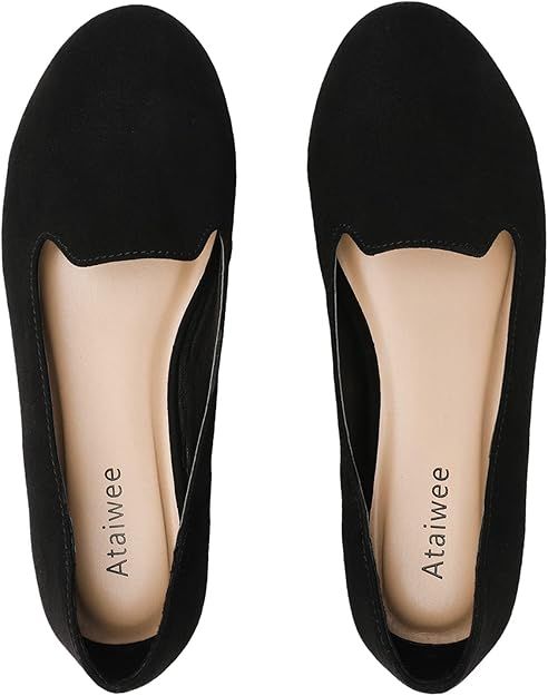 Ataiwee Women's Wide Width Flats Shoes - Classic Black Round Dress Ballerina Shoes. | Amazon (US)