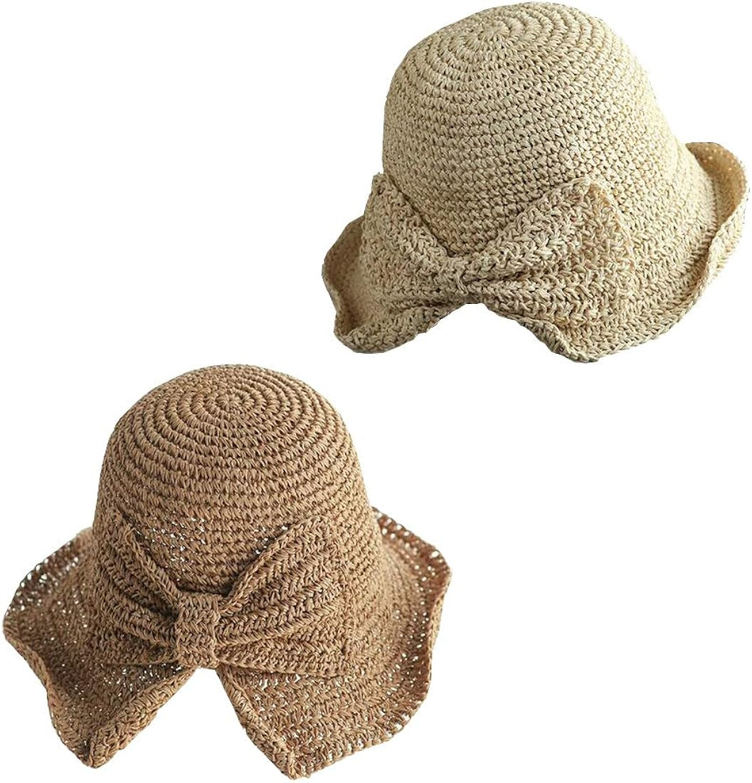 Straw Sun Hat Summer Beach Hat for Women Travel Foldable Wide Brim Floppy Hat with Big Bow | Amazon (US)