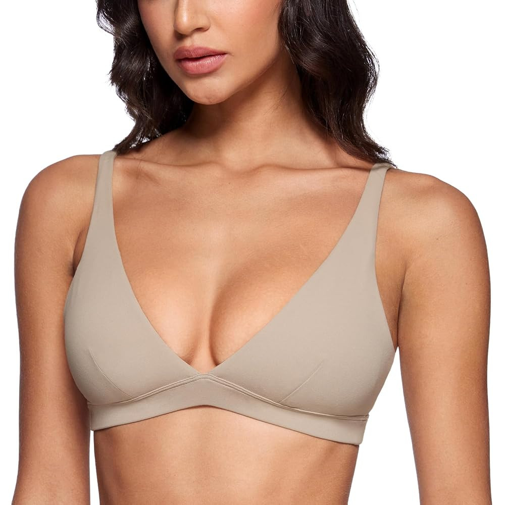 Womens Deep V-Neck Sports Bra Padded Low Impact Fitness Yoga Bra U Back Wireless Workout Bra Cont... | Amazon (US)