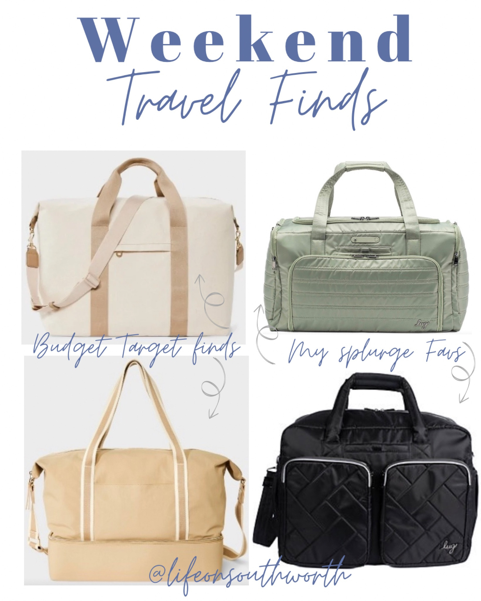 Need a new weekender bag? Look no further! The two cream bags are new from Target and budget friendly. Wouldn’t these be nice with a monogram? 
My personal “splurge find” is the lug bag. They really are the best bags and worth their price. My daughter has a large lug duffel and it’ll fit her outfits for an entire week’s vacation, shoes & all! 


#mom #momlife #travel #weekendbag #travelbag #momstyle

#LTKFindsUnder100 #LTKTravel #LTKItBag