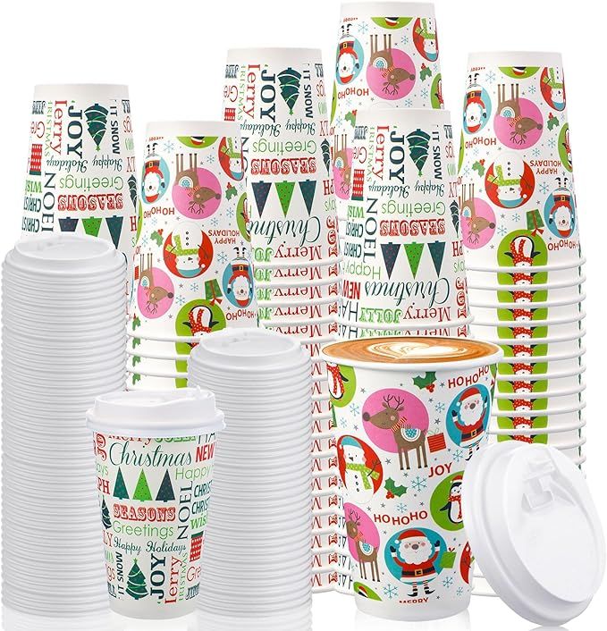 Hotop 120 Pcs 60 Set Christmas 16oz Paper Cups with Lids Christmas Disposable Paper Cups Coffee C... | Amazon (US)