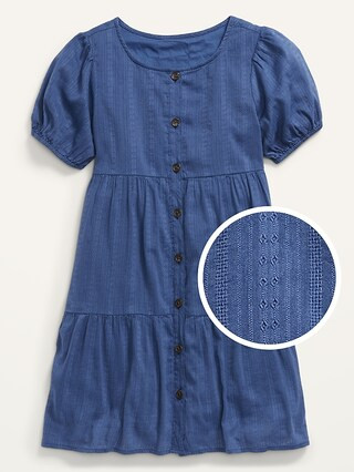 Button-Front Tiered Textured-Dobby Swing Dress for Girls | Old Navy (US)