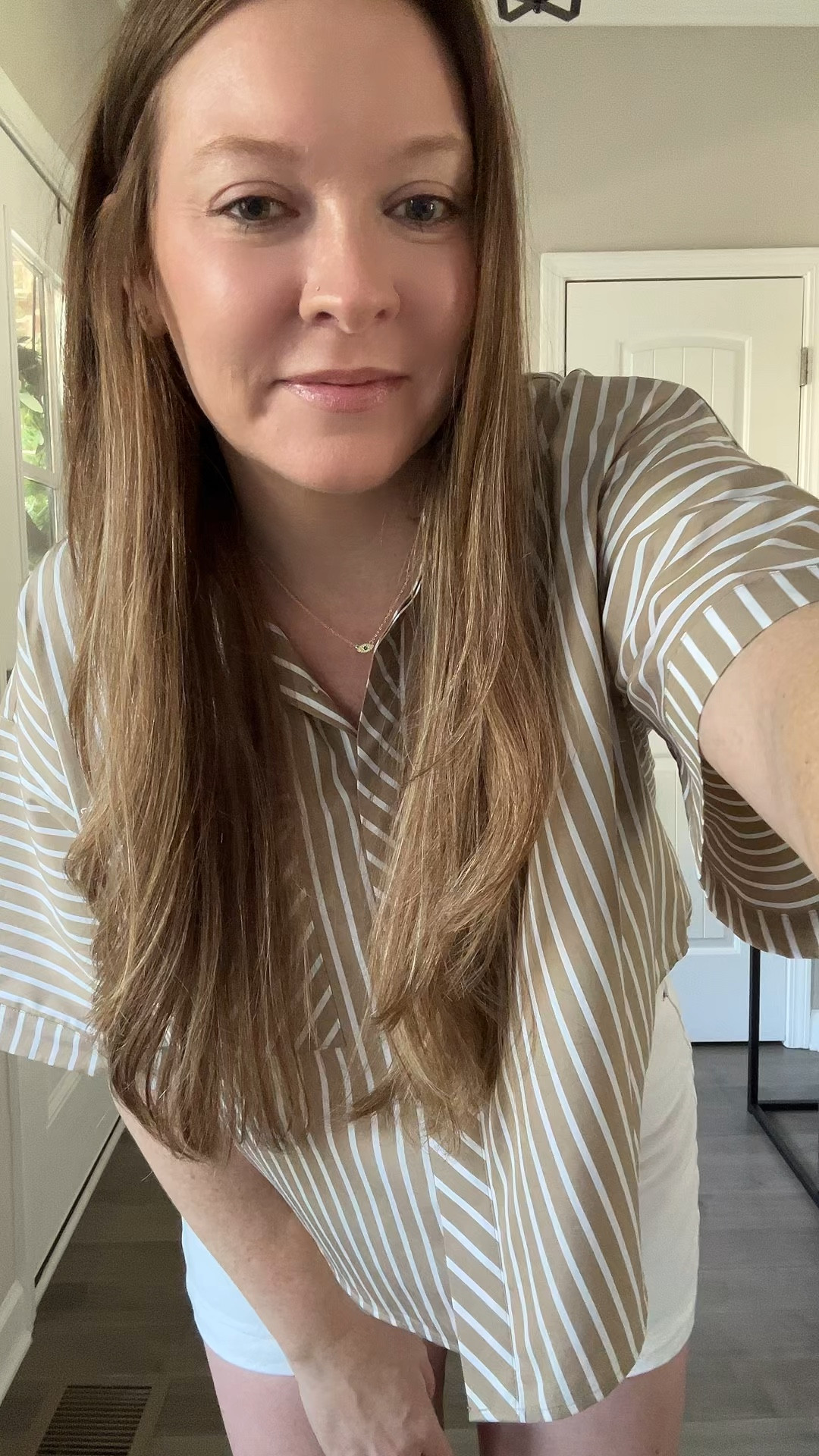 Striped cropped button down / oversized wearing my tts medium 
White a line shorts / tts wearing a 29
White Nike sneakers 
Evil eye necklace 
David Yurman cuff bracelet and ring

#LTKootd #LTKWorkwear #LTKdayinmylife
