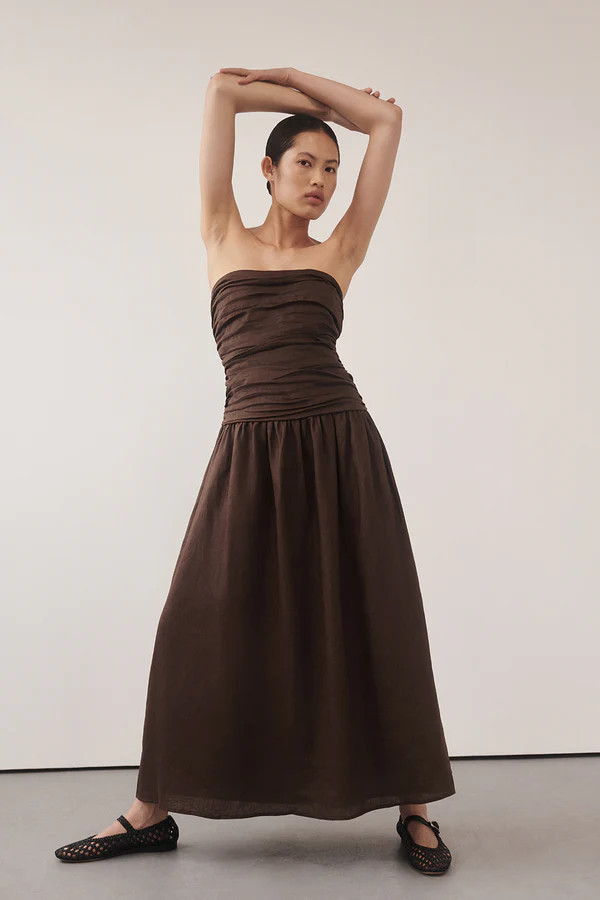 CATANIA BITTER CHOC LINEN STRAPLESS DRESS | DISSH