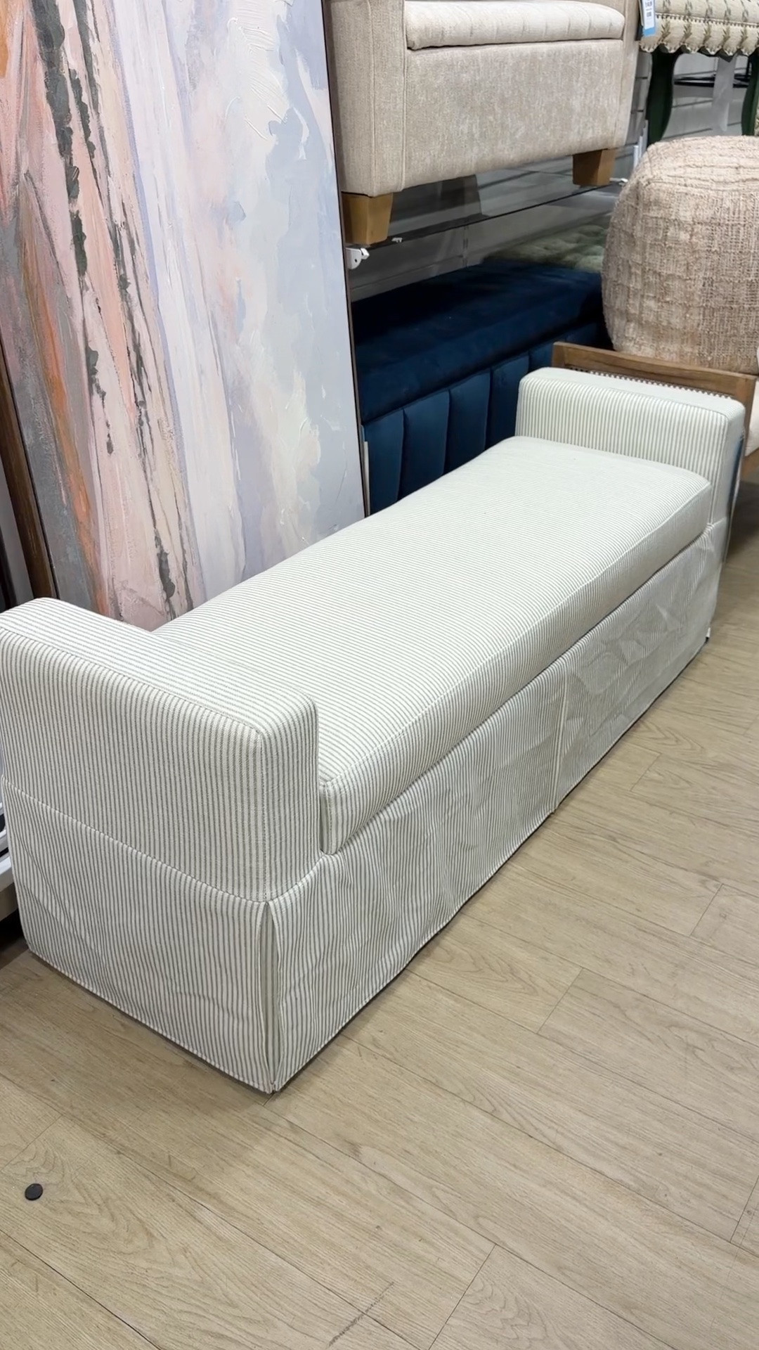 Lillian August skirted storage bench ✨ sage green and white stripe bench