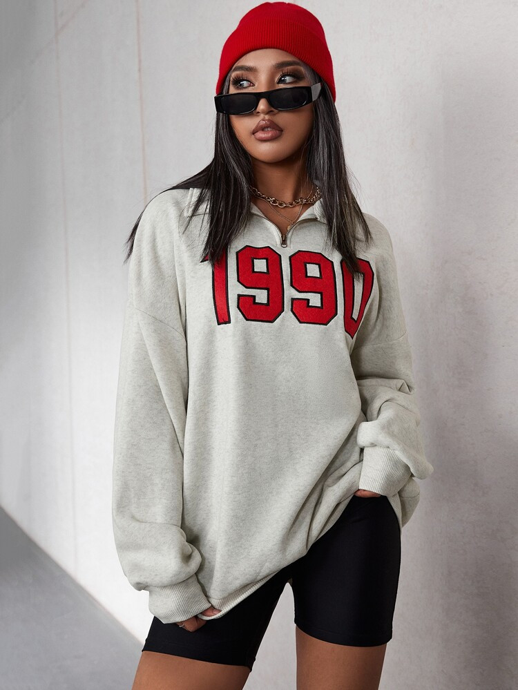 Number Print Quarter Zipper Oversized Sweatshirt | SHEIN