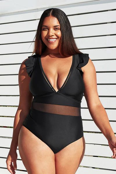 Ruffle Plunge V Neck Plus Size One Piece Swimsuit | Cupshe
