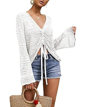 Saodimallsu Womens Boho Off Shoulder Sheer Crop Tops Bell Sleeve Flowy Oversized Crochet Ruched P... | Amazon (US)
