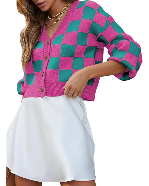 Dokotoo Womens Checkered V Neck Button Down Long Sleeve Cable Knit Cropped Cardigan Sweaters Tops | Amazon (US)