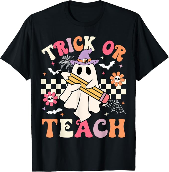 Trick Or Teach Groovy Teacher Halloween Retro Floral Ghost T-Shirt | Amazon (US)
