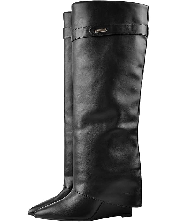 Richealnana Women's Pointed Toe Wedge Heel Slip On Knee High Boots | Amazon (US)