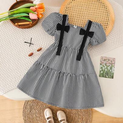 Girls' Preppy Style Spring Dress With Black & White Plaid Pattern, Black Bow Accent, Puff Sleeves And Square Neckline, Suitable For Daily Commute And | SHEIN