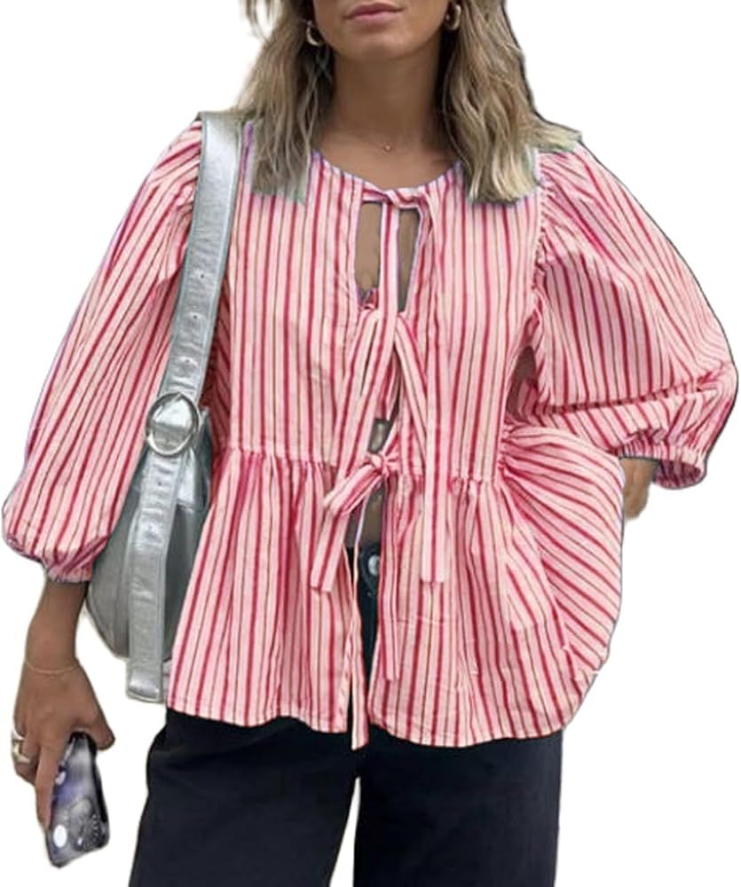 Women Puff Short Sleeve Peplum Shirts Bow Tie Front Ruffle Hem Babydoll Blouse Top | Amazon (US)