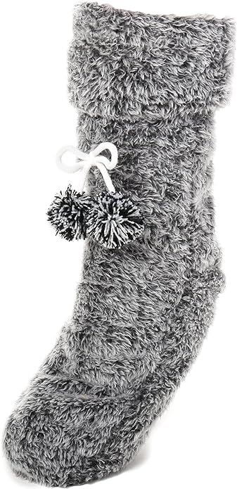 Noble Mount Women's Fuzzy Plush Tall Slipper Socks with Pom-Poms | Amazon (US)