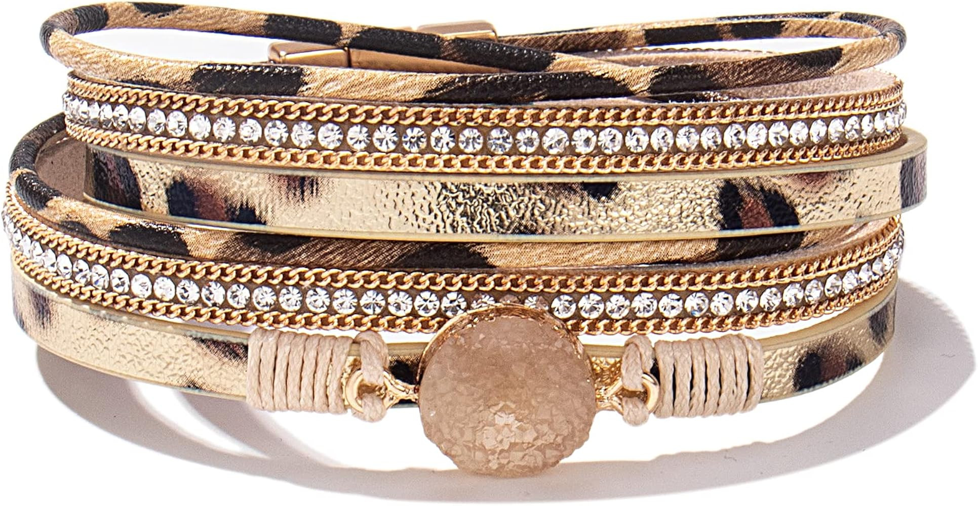 FANCY SHINY Boho Wrap Bracelets Leather Cuff Bracelet Bohemian Jewelry Resin Stone Leather Neckla... | Amazon (US)