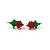 Christmas Holly Stud Earrings, Green and Red Holiday Earrings, Winter Holiday Acrylic Jewelry | Amazon (US)