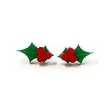 Christmas Holly Stud Earrings, Green and Red Holiday Earrings, Winter Holiday Acrylic Jewelry | Amazon (US)