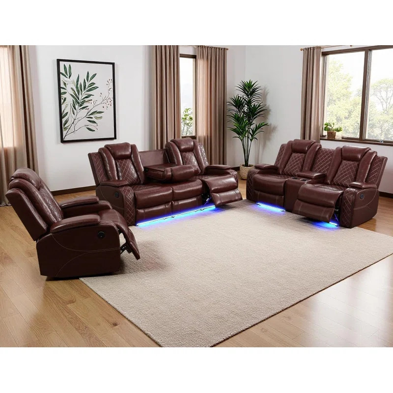 3-Piece Breathing Leather Power Recliner Sofa Set With LED Light,Wireless Charging Station, And S... | Wayfair North America