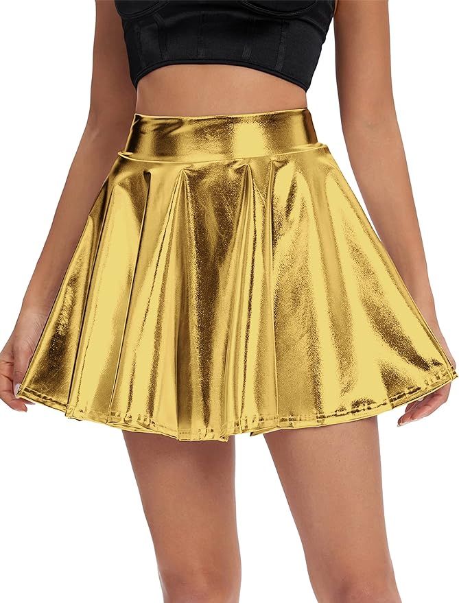 Urban CoCo Women's Shiny Flared Pleated Mini Skater Skirt (M, Gold) at Amazon Women’s Clothing ... | Amazon (US)