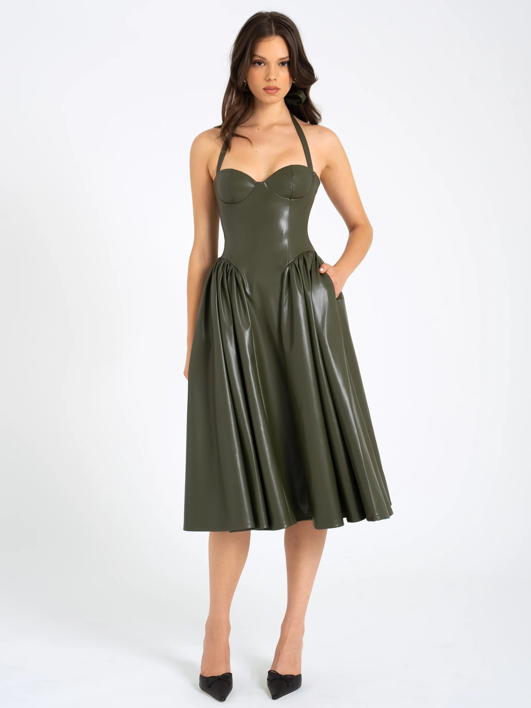 Eliana Olive Vegan Leather Dress | Miss Circle
