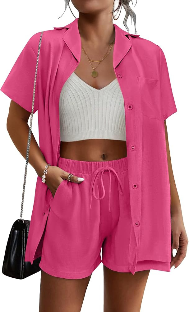 Ekouaer Womens 2 Piece Lounge Set Short Sleeve Button Down Shirt Vacation Outfits Casual Loungewe... | Amazon (US)