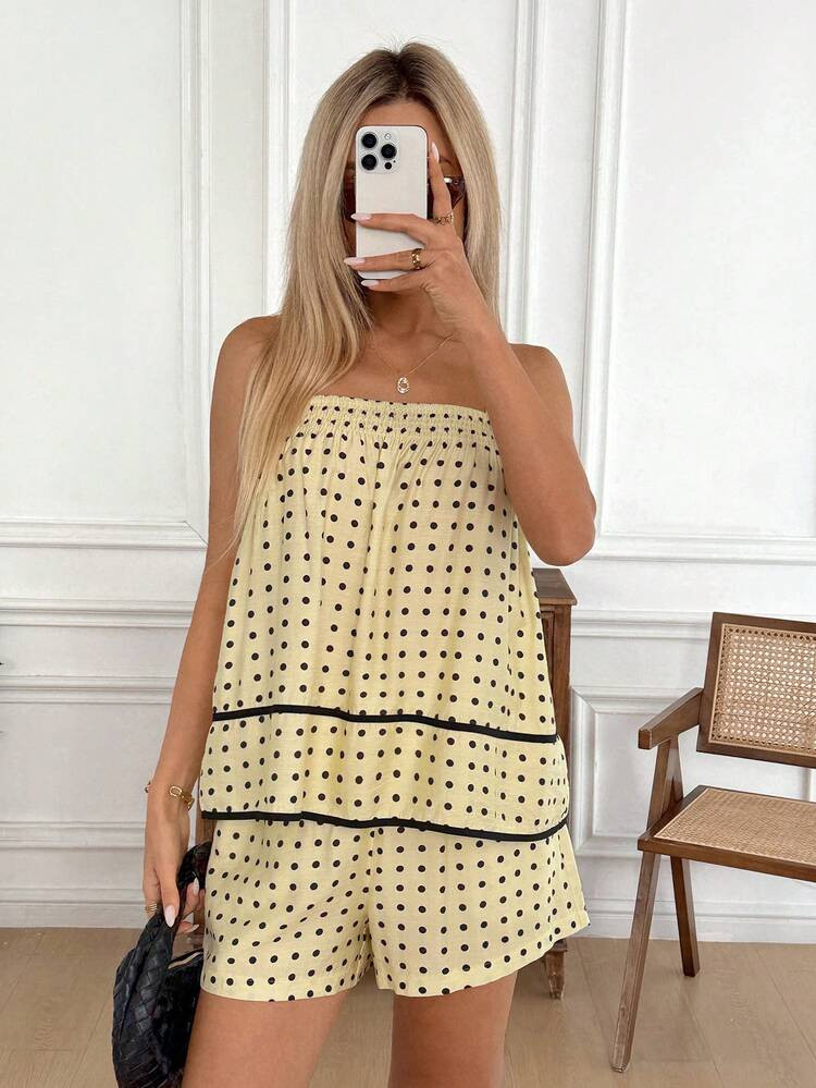 Easowa 2pcs Vintage Romantic Yellow Polka Dot Women's Set, Including Ruffle Strap Camisole And El... | SHEIN