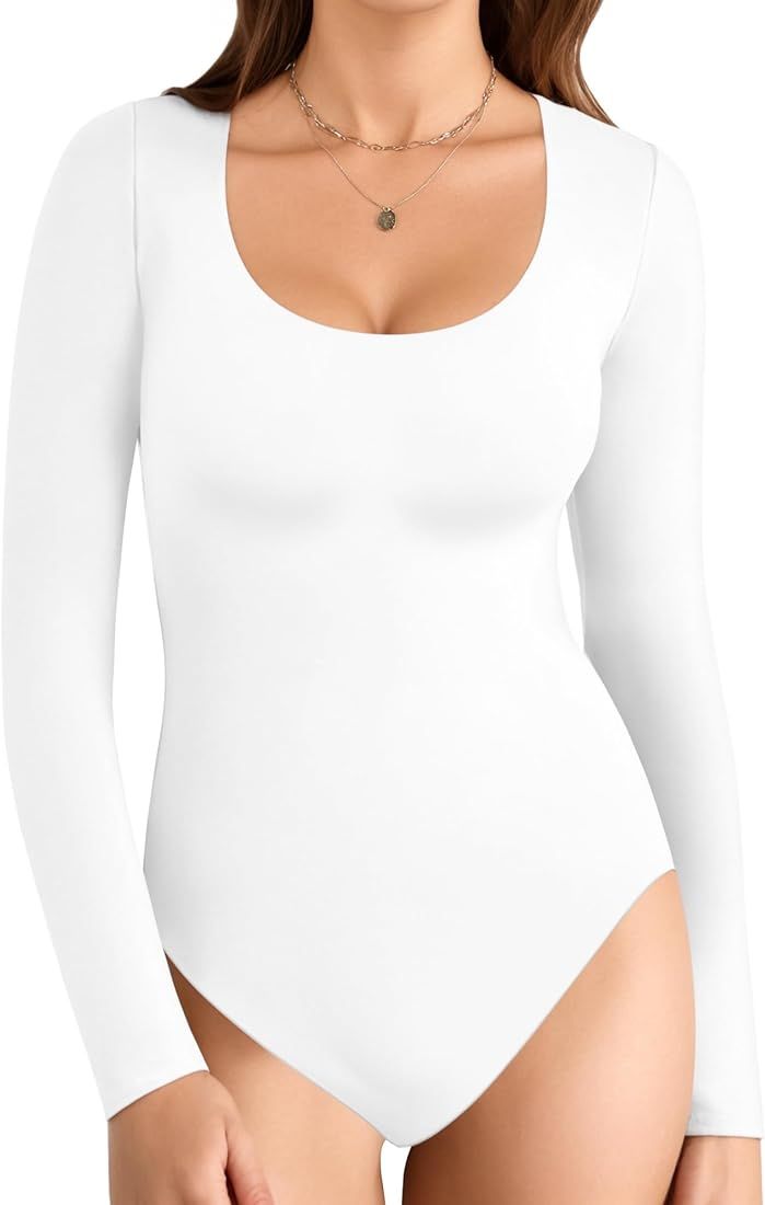 MANGOPOP Double Lined Bodysuit Women Long Sleeve Scoop Neck Bodysuit Basic Shirts Tops | Amazon (US)