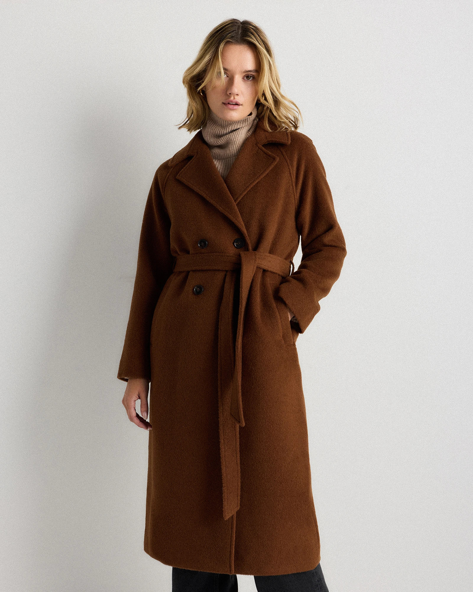 Quince | Women's Camel Hair Double-Breasted Long Wrap Coat in Mocha Brown, Size Small, Wool | Quince