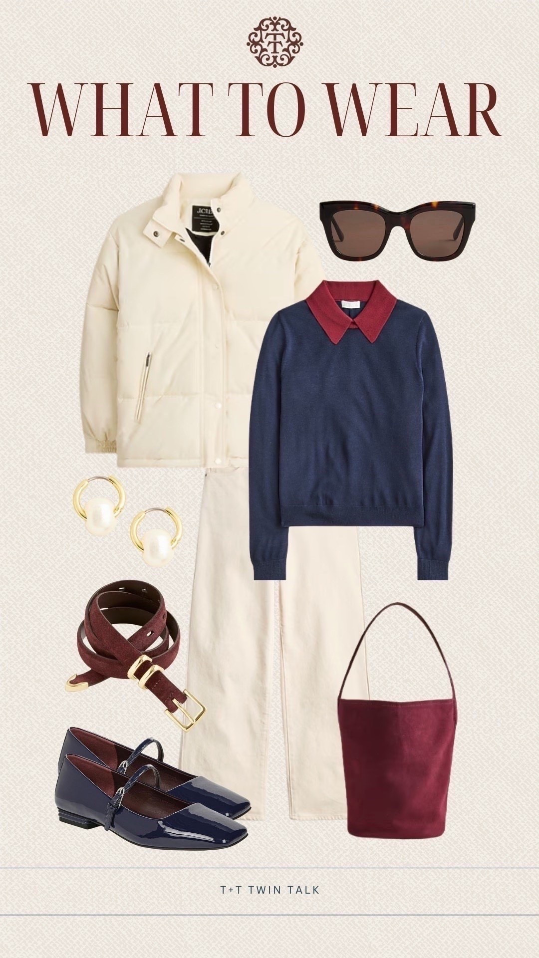 T+T style inspo coming your way. We paired a long sleeve J.Crew top with off white pants and a coordinating puffer jacket for a clean, classic look. Finish it off with a burgundy purse, matching belt, and navy Mary Jane flats to pull everything together.

#LTKSeasonal #LTKMidsize #LTKOver40