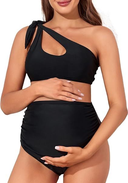 Summer Mae Maternity Two-Piece Swimsuit Bikini Set Cutout One Shoulder Bathing Suit Tie Side Preg... | Amazon (US)