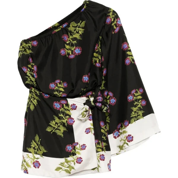 One Shoulder Mini Silk Dress, Black Floral | Maisonette
