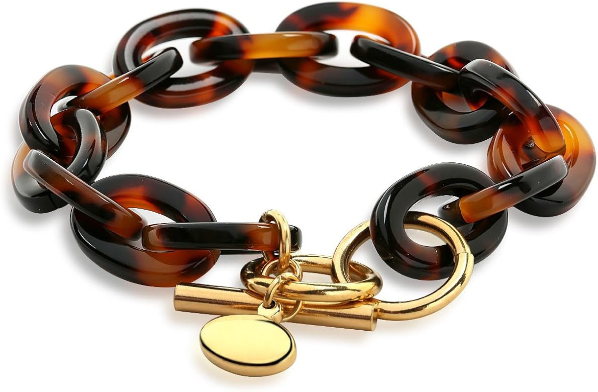 Bling Jewelry Fashion Brown Golden Acrylic Tortoise Shell Oval Chain Link Bracelet for Women Gold Pl | Amazon (US)