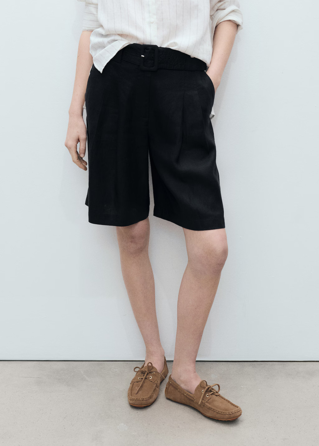 Belt linen-blend Bermuda shorts | MANGO (UK)