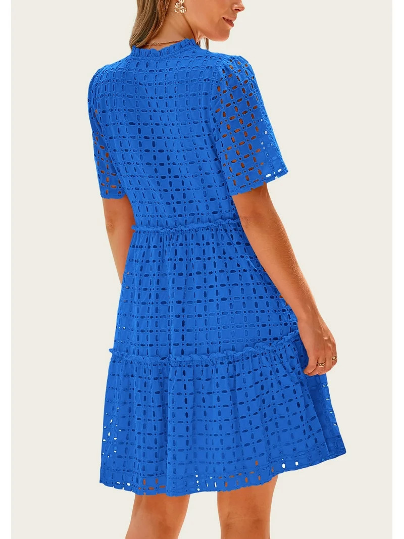 PRETTYGARDEN Women's Short Sleeve Mini Dress Summer V Neck Hollow Out Eyelet Ruffle A Line Swing ... | Walmart (US)