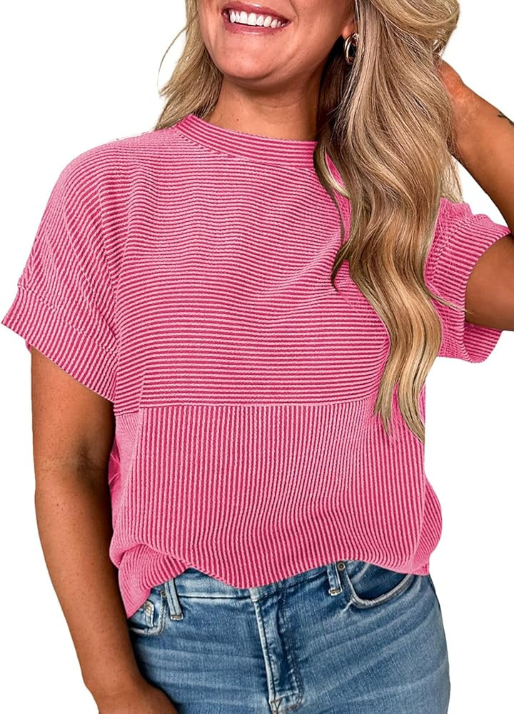 EVALESS Short Sleeve Shirts for Women Casual Spring Summer Tops Ribbed Knit Striped Womens Tops C... | Amazon (US)