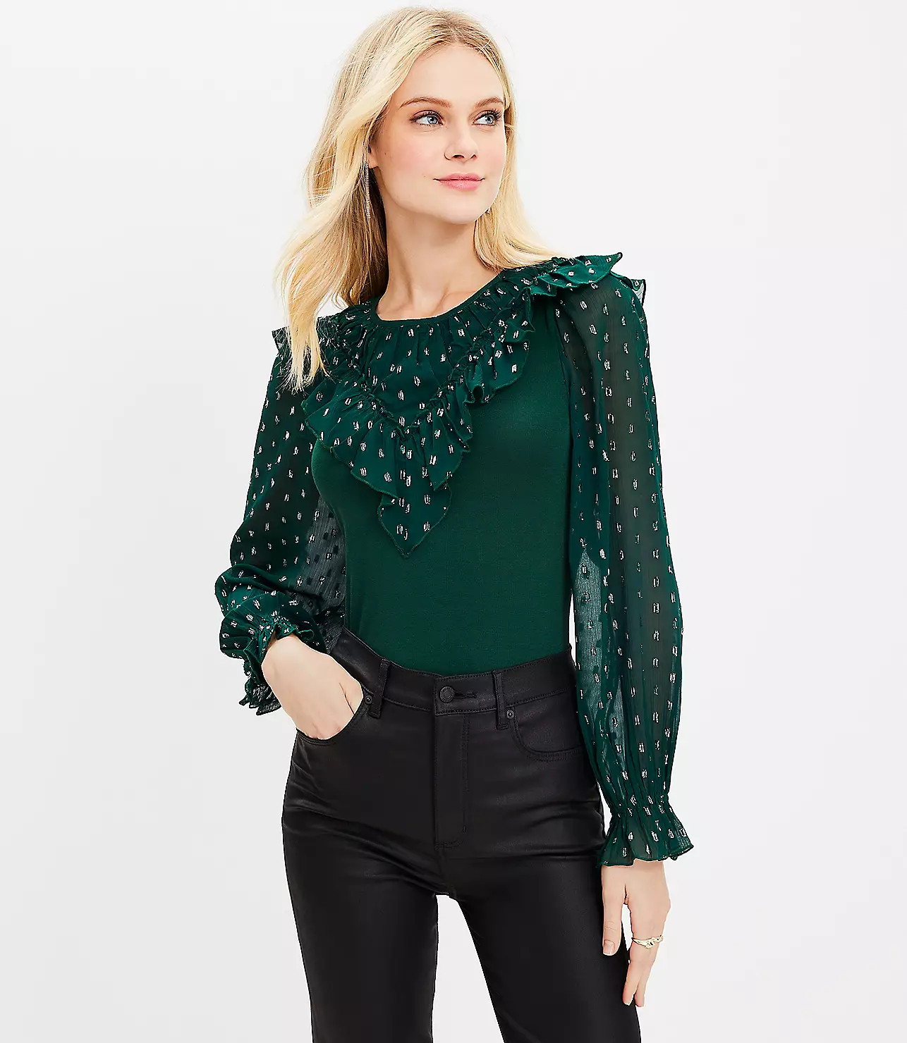 Shimmer Dotted Ruffle Yoke Mixed Media Top | LOFT
