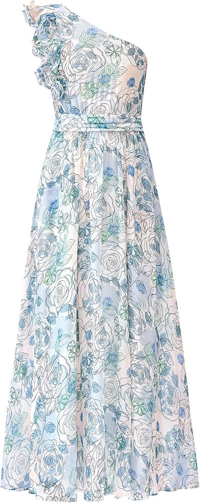 BTFBM Women Summer One Shoulder Floral Wedding Guest Dresses Sleeveless Smocked Ruffle Flowy Beac... | Amazon (US)