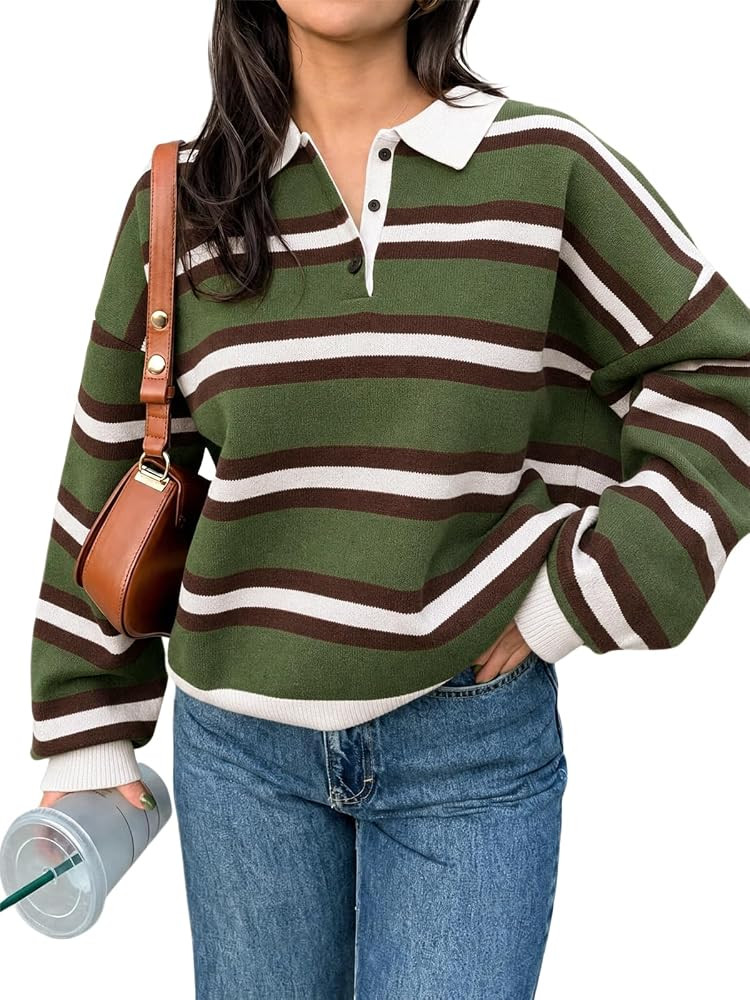 Tankaneo Sweaters for Women Striped Polo Sweater Casual Pullover Knit Tops | Amazon (US)
