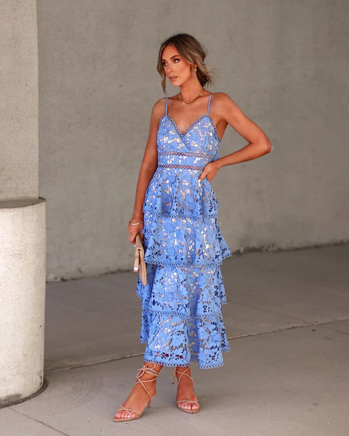 Forever With You Crochet Floral Midi Dress - Dusty Blue | VICI