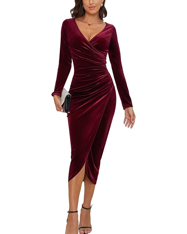 CYiNu Women's V Neck Wrap Velvet Long Sleeve Elegant Bodycon Ruched Cocktail Party Maxi Dress | Amazon (US)