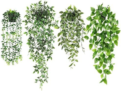 JPSOR Fake Hanging Plants, 4 Pack Artificial Hanging Plants Fake Potted Greenery Faux Eucalyptus ... | Amazon (US)