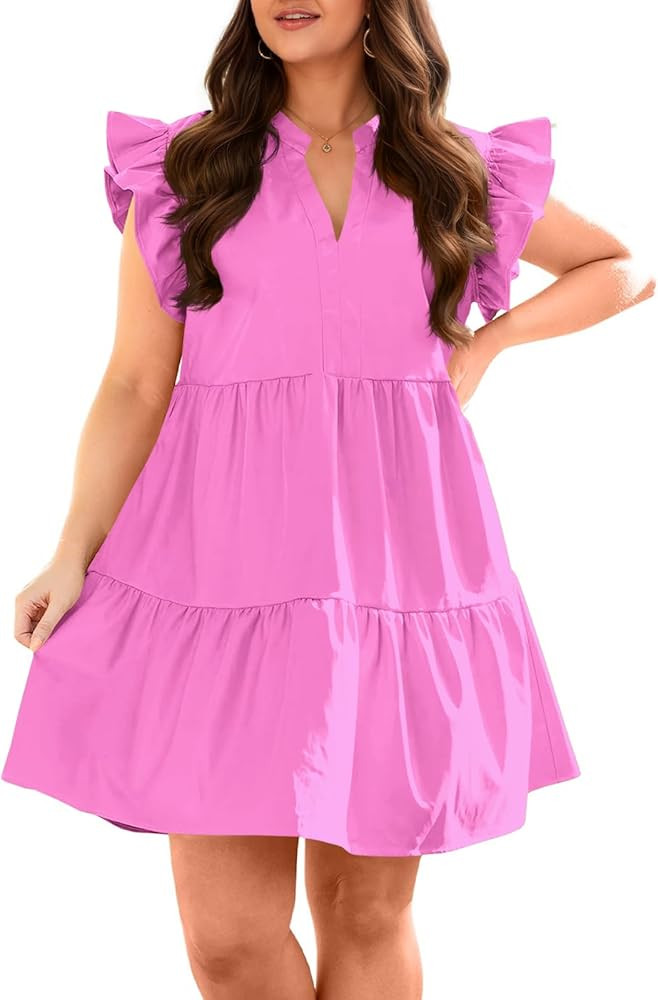 Fisoew Plus Size Dresses for Women Summer Ruffle Short Sleeve V Neck Dress Tiered Swing A Line Ba... | Amazon (US)