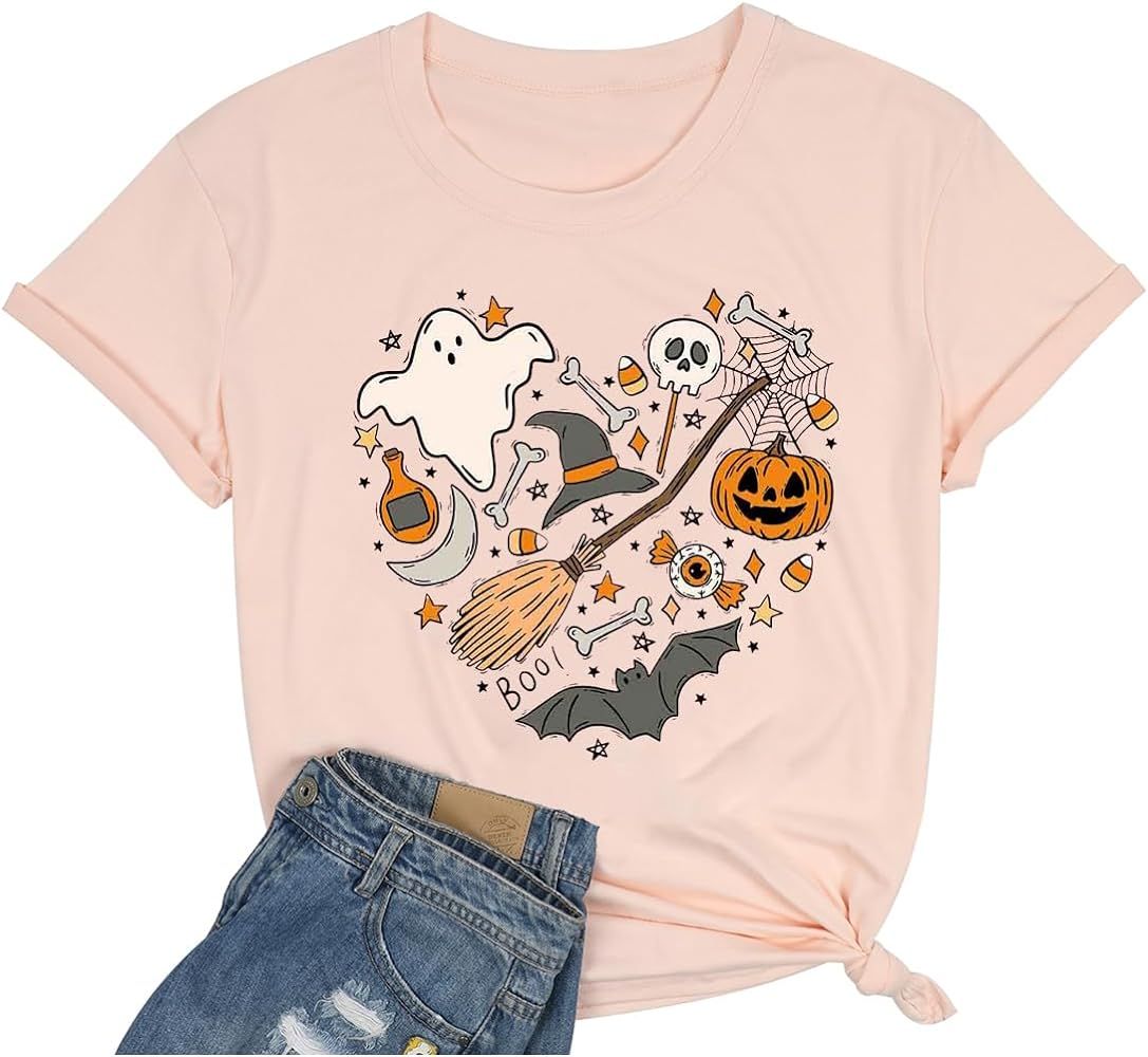 Halloween Doodles Shirt for Women Cute Vintage Graphic Halloween Party Tshirt Short Sleeve Fall S... | Amazon (US)