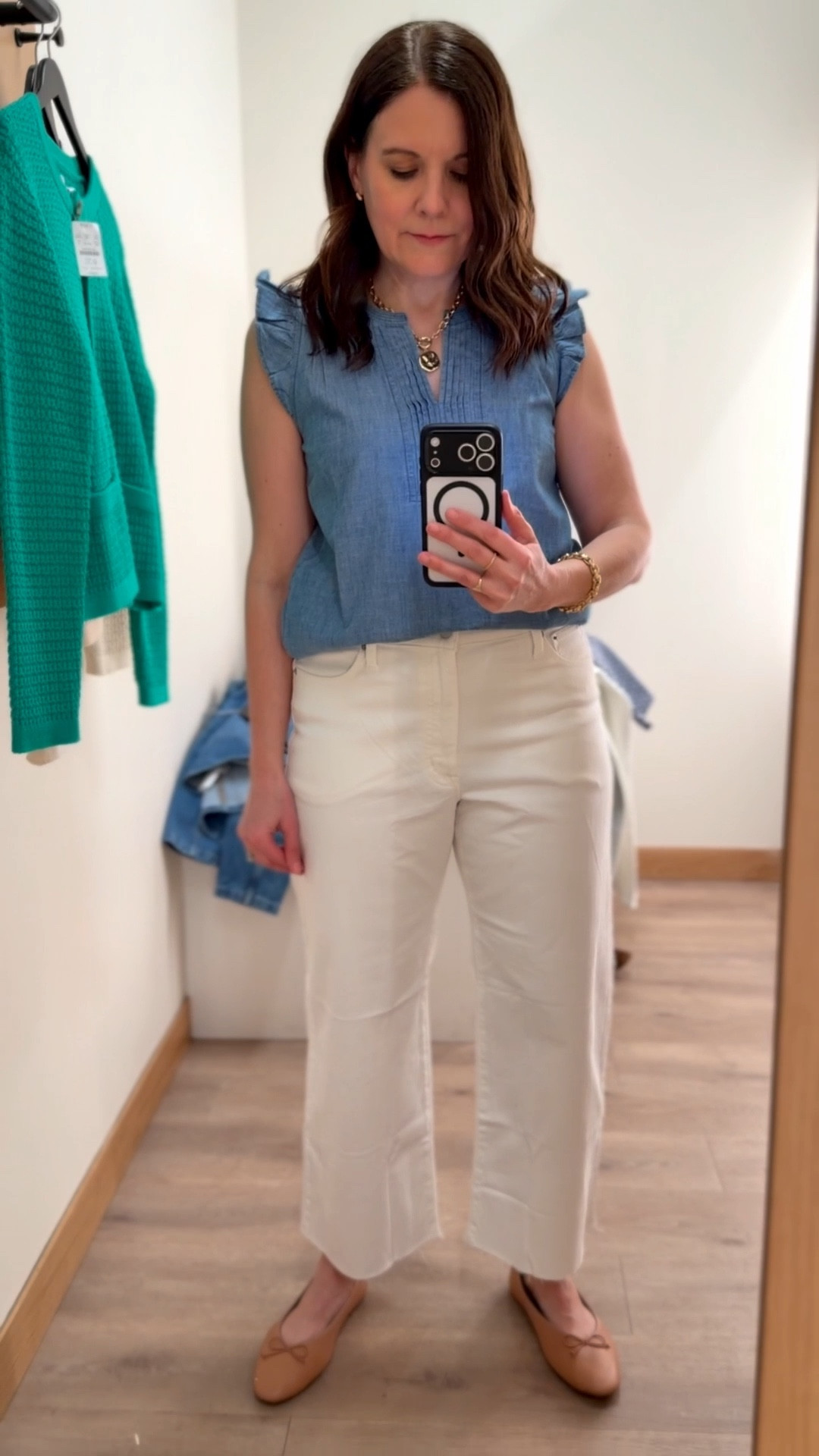 Here are more J.Crew Factory spring wardrobe staples. Chambray sleeveless blouse- It's a little hard to see, but the notch neck has pleats. I’m in a Small. Seashell white wide leg cropped jeans- I own these in several washes in the regular fit (TTS). Here I tried the curvy fit in seashell white just to see, and it gives a nice and secure fit in the waistband. They're high-waisted with a 26.5" inseam and a stretchy fabric. The pockets have minor show-through. They fit true to size.  ⁠I just ordered these since my old pair is a little big. ⁠

#LTKOver40 #LTKMidsize